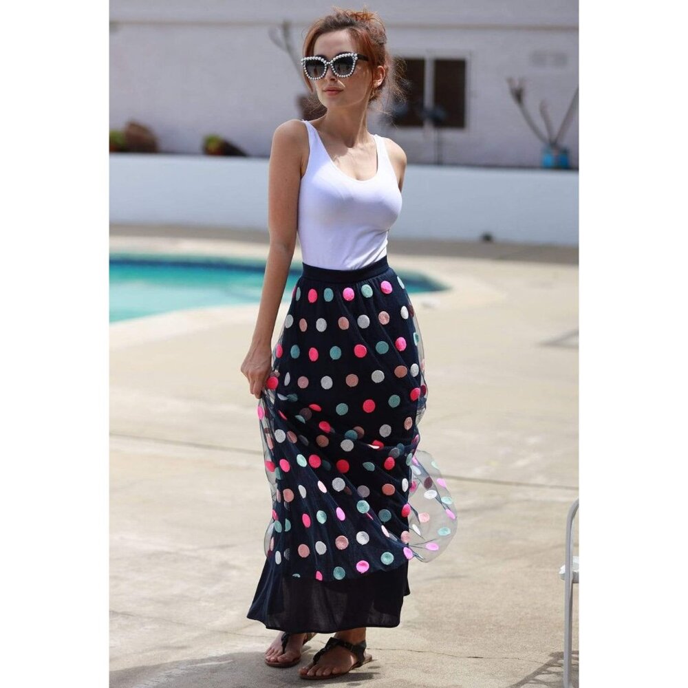 Eva Franco Anthropologie Polka Dot Maxi Mesh Skirt Multi Color